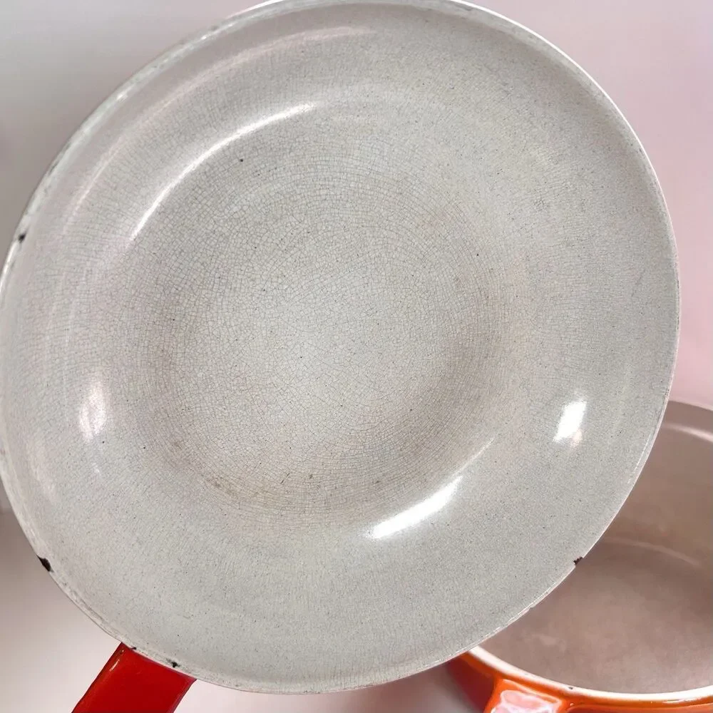 Vintage Descoware Enameled Cast Iron Flame-Orange Saucepan And Skillet-Lid Combo